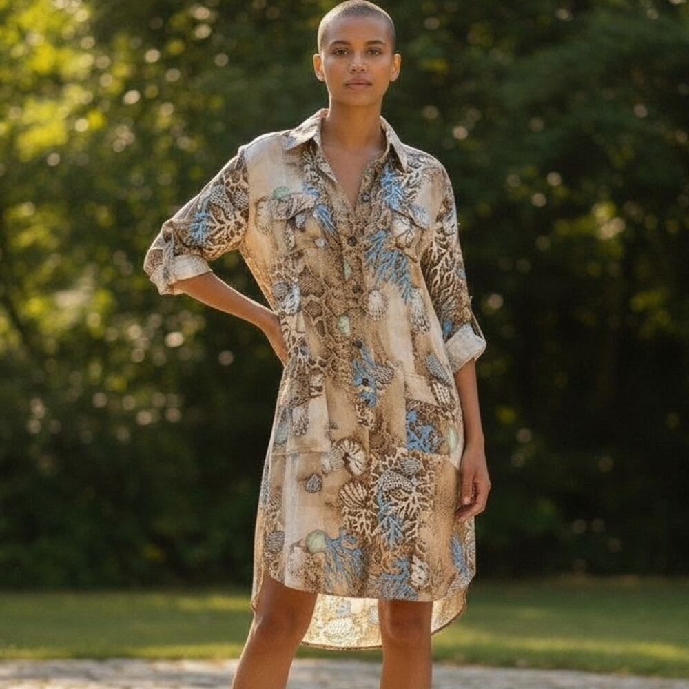 Cache Snakeskin Nautical Silk Shirt Dress Sz 8 Brown Blue Vintage 3/4 Slevs Silk